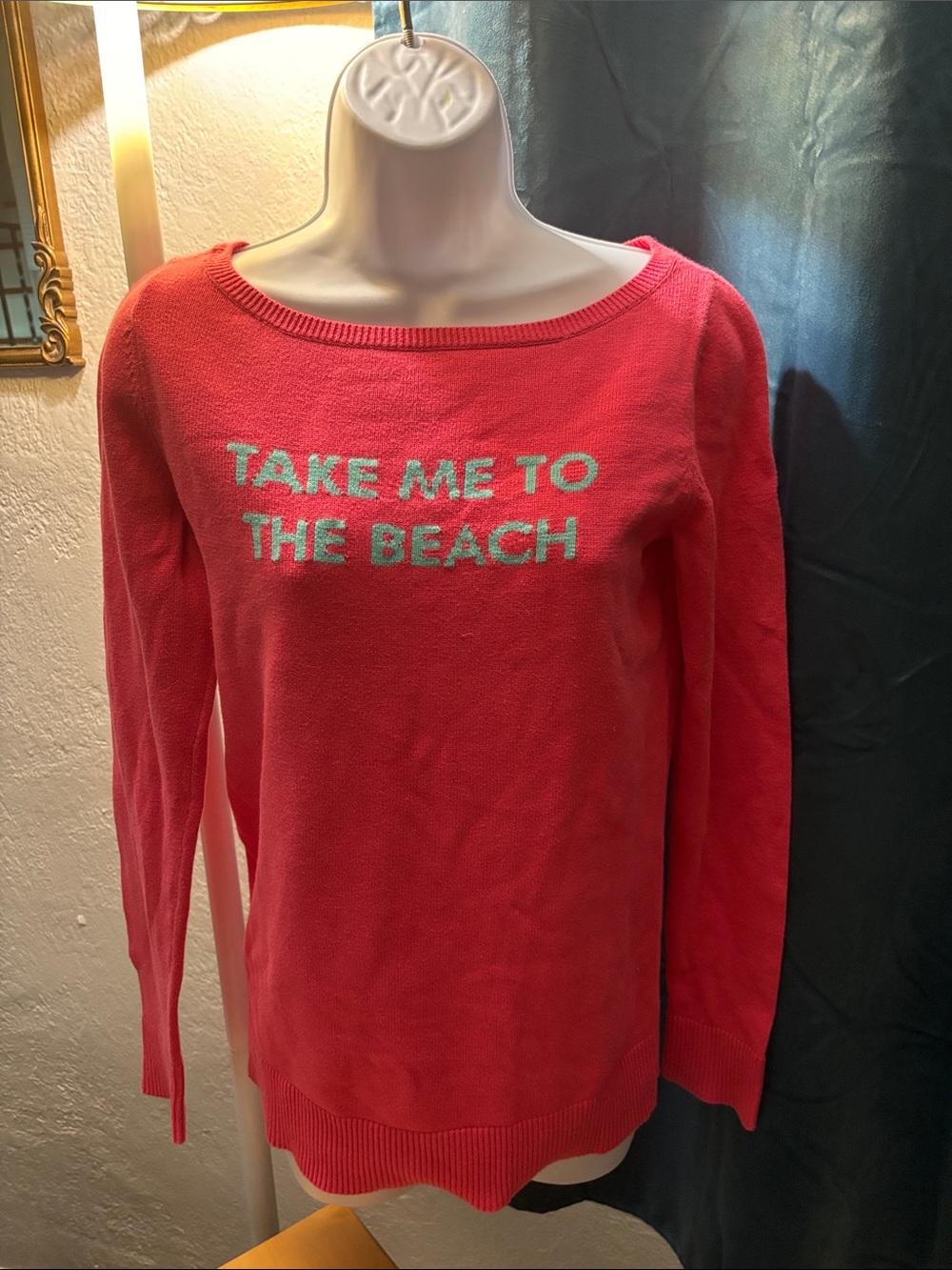 Lilly Pulitzer Pink Scoop Neck Sweater with Teal 'Take Me To The Beach'